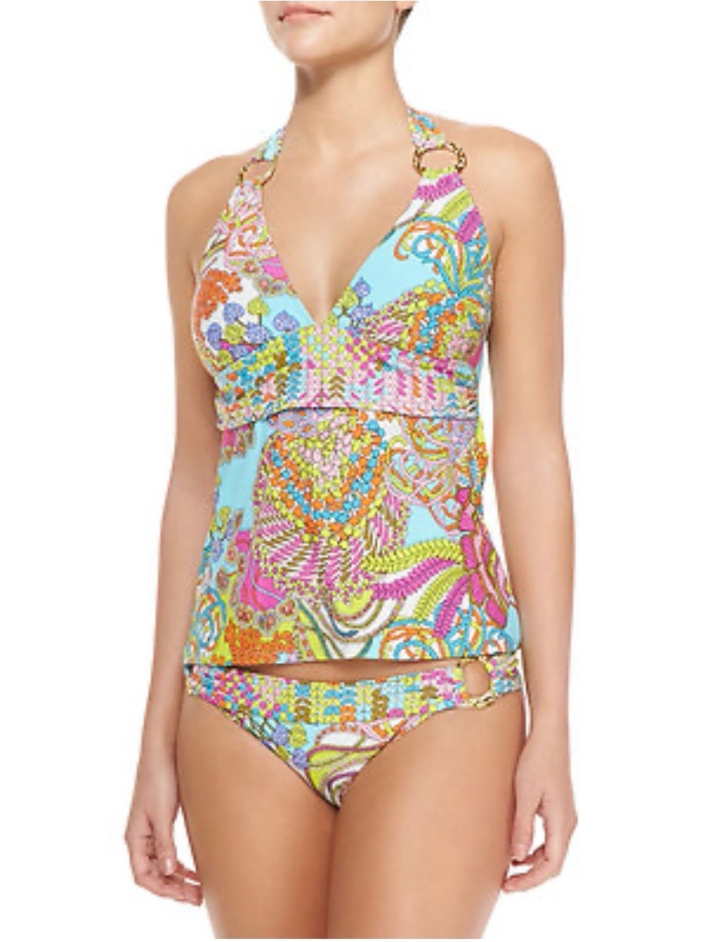 Trina Turk Coral Reef Tankini Bathing Suit Swim Colorful Paisley Gold Hardware